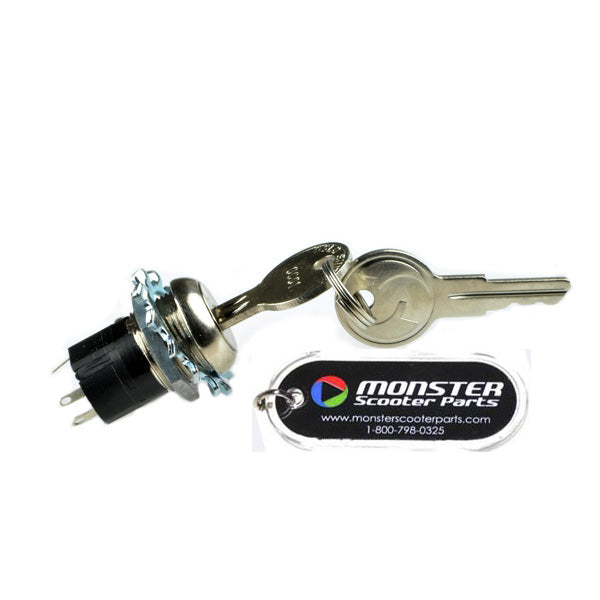 Key Switch with Keys for Ranger Mobility Scooters, featuring a metal key and keyring next to a black and white business card.