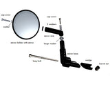 Rear View Mirror for Ranger Mobility Scooters with mounting screws, shown in a diagram. Features a round, adjustable reflective portion and an arm compatible with most handlebar grips.