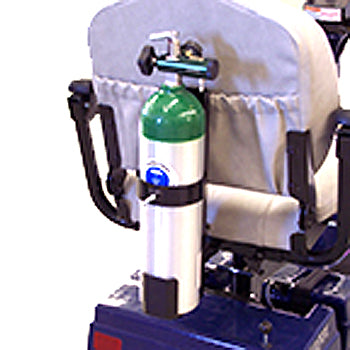 Oxygen Tank Holder for Ranger Mobility Scooters mounted on a chair, designed to carry D and E cylinders, positioned for easy access and convenience.