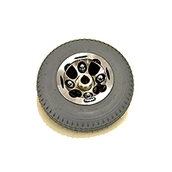 Pneumatic Rear Wheel Assembly for Ranger Safari Series Mobility Scooters; close-up shows wheel's tread and rim, emphasizing its durable construction and compatibility with specific scooter models.