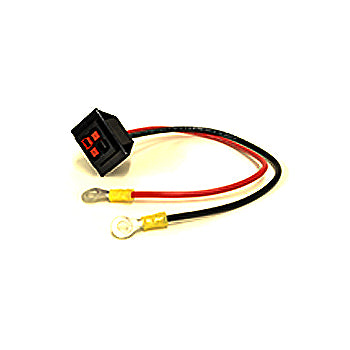 Right Battery Harness for the Ranger Safari, Solo, and Solo IV Mobility Scooters, featuring a close-up of electrical wire and jumper cables attached to a black square object with red numbers.