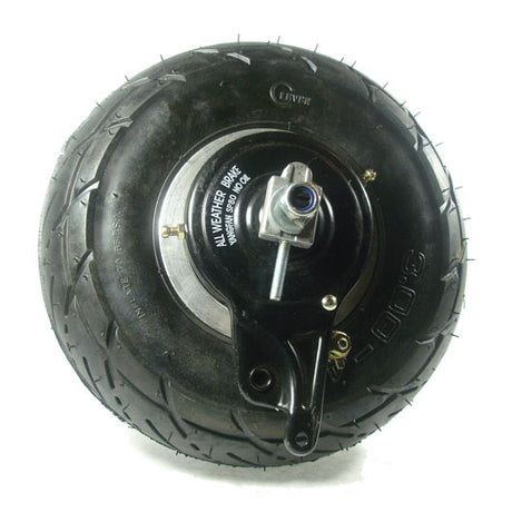 Rear Wheel Assembly with 3-Spoke Hub and Black Band Brake for the Razor Pocket Rocket, Versions 1-2, showing a black tire, metal handle, rim, and brake assembly.