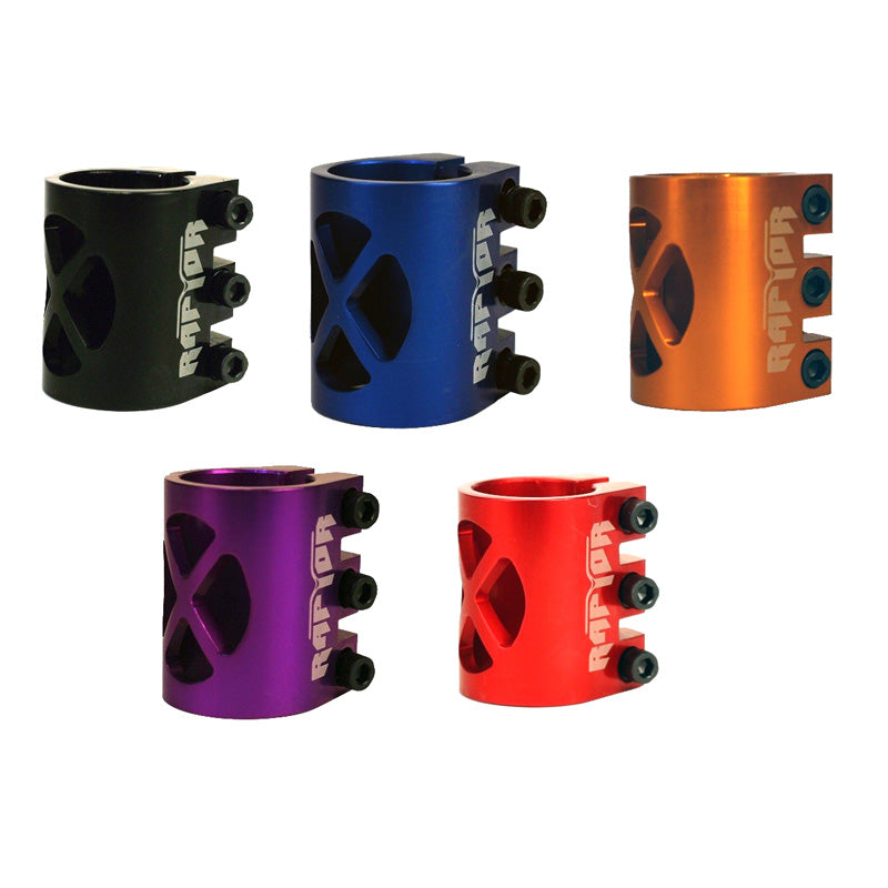 34.9 mm 3-Bolt Clamp for Scooters, featuring a durable, lightweight design made from 6061 T6 aluminum. The image shows a variety of these clamps in different colors, showcasing their robust build.