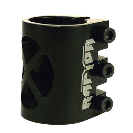 34.9 mm 3-Bolt Clamp for Scooters: A black metal cylindrical clamp with white text, designed for kick scooters. Lightweight and durable, it features three bolts for secure attachment.