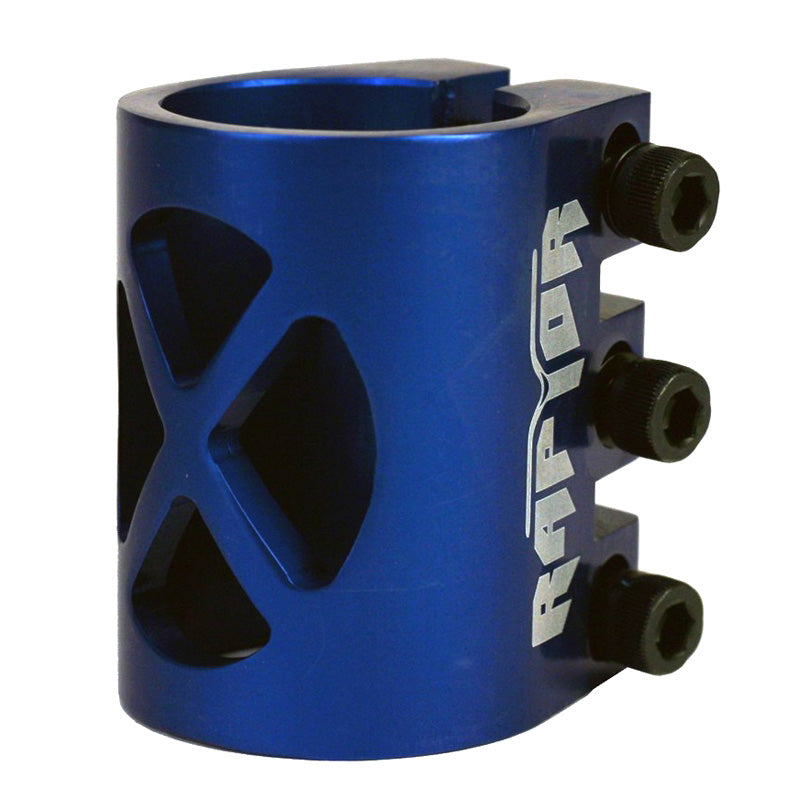 34.9 mm 3-Bolt Clamp for Scooters: A blue metal cylinder with black screws, designed as a lightweight, durable replacement clamp made from 6061 T6 aluminum, compatible with AO Delta kick scooters.