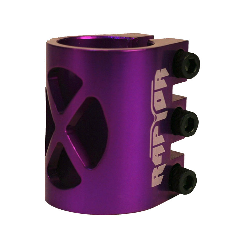 34.9 mm 3-Bolt Clamp for Scooters: A purple metal cylinder with white text, featuring a lightweight and durable design made from 6061 T6 aluminum for AO Delta kick scooters.