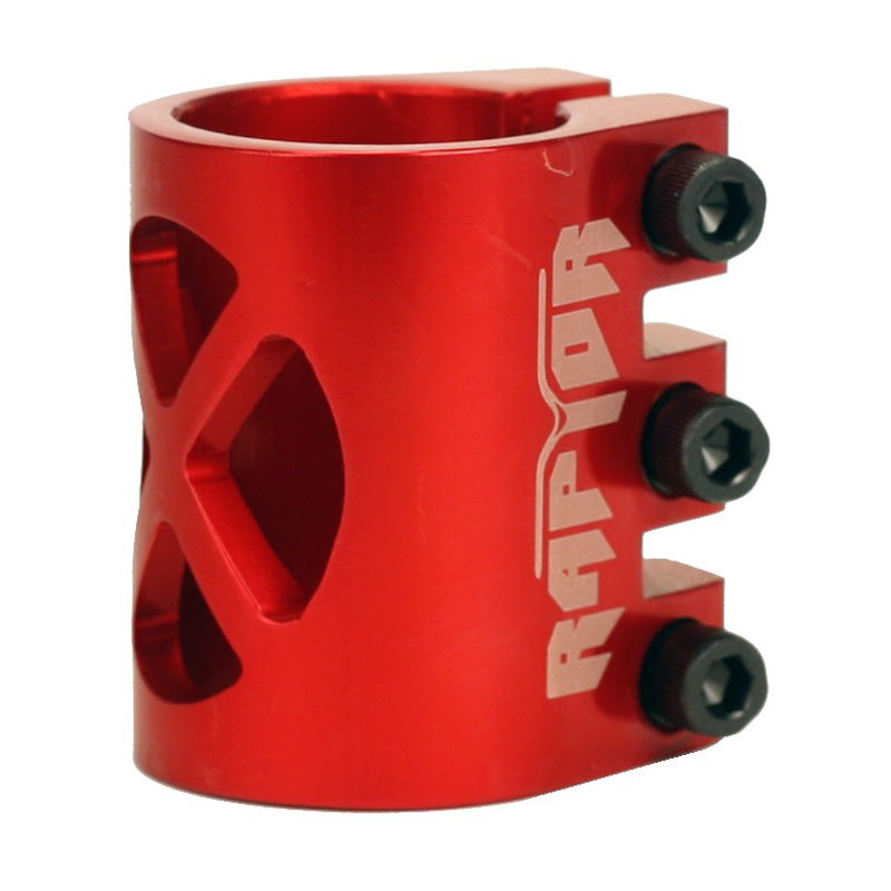 34.9 mm 3-Bolt Clamp for Scooters, a red metal cylinder with white text and black screws, designed for AO Delta kick scooters. Made from lightweight 6061 T6 aluminum for enhanced strength and style.