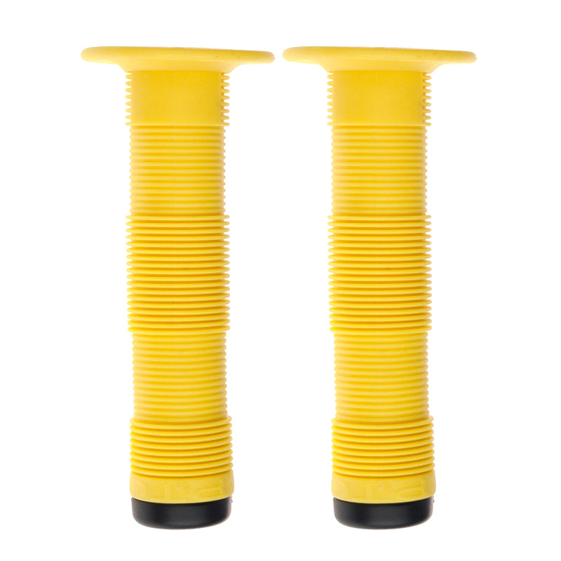 Yellow Raptor Claw Grips for Bikes & Scooters, featuring textured yellow handlebars with screwable Nylon end plugs and vertical ribs for enhanced grip and durability.