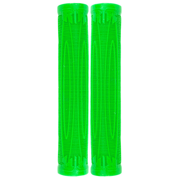 Raptor Cory Vanlew Grips for Bikes & Scooters, featuring raised horizontal lines for enhanced grip, shown in a pair of green handlebars.