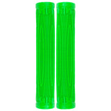 Raptor Cory Vanlew Grips for Bikes & Scooters, featuring raised horizontal lines for enhanced grip, shown in a pair of green handlebars.