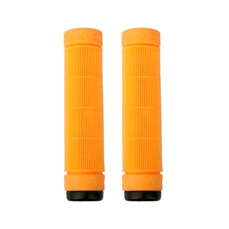 Raptor Scale Grips for Bikes & Scooters featuring a close-up of two orange, ribbed, flangeless grips designed for durability and enhanced grip, ideal for performing bar spins.