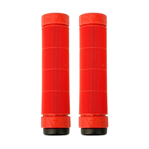 Raptor Scale Grips for Bikes & Scooters with horizontal ribs and flangeless design for optimal bar spins. Durable with extra wall thickness and screwable Nylon end plugs for a snug fit.