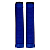 Raptor Tail Grips for Bikes & Scooters displaying a pair of blue handlebars with ultra-fine, flangeless design, textured horizontal ribs, and screwable Nylon end plugs for a snug fit.