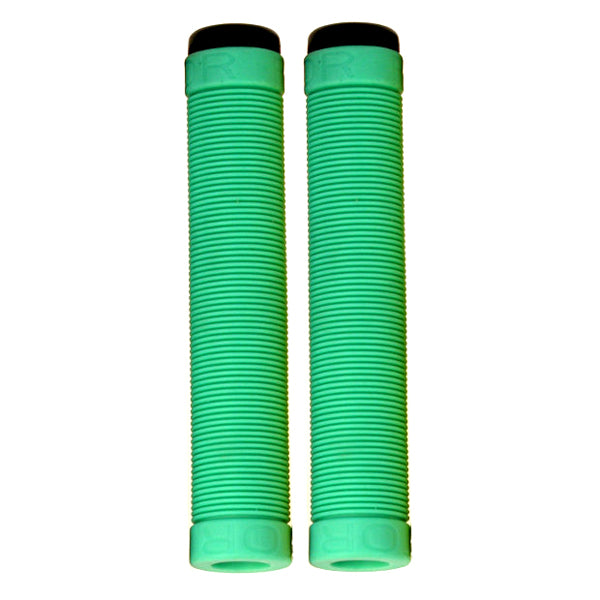 Raptor Tail Grips for Bikes & Scooters, featuring two green cylindrical grips with a flangeless design and textured horizontal ribs for enhanced durability and comfort.