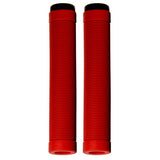 Raptor Tail Grips for Bikes & Scooters, featuring a pair of red, flangeless handlebars with textured horizontal ribs and screwable Nylon end plugs, designed for wider handlebars.