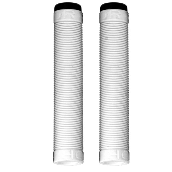 Raptor Tail Grips for Bikes & Scooters: close-up of two white, flangeless handlebar grips with textured horizontal ribs and screwable nylon end plugs, highlighting their extra length and durability.