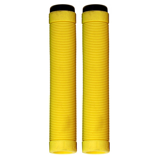 Raptor Tail Grips for Bikes & Scooters, featuring a pair of durable, flangeless, ultra-fine grips designed for wider handlebars with textured horizontal ribs and screwable Nylon end plugs for a snug fit.