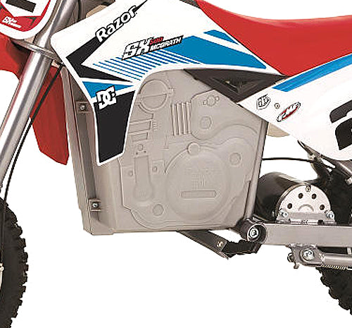 Close-up of the Battery Cover with Screws for the Razor SX500 McGrath Dirt Rocket, focusing on the detailed motorcycle part with visible screws for easy mounting.