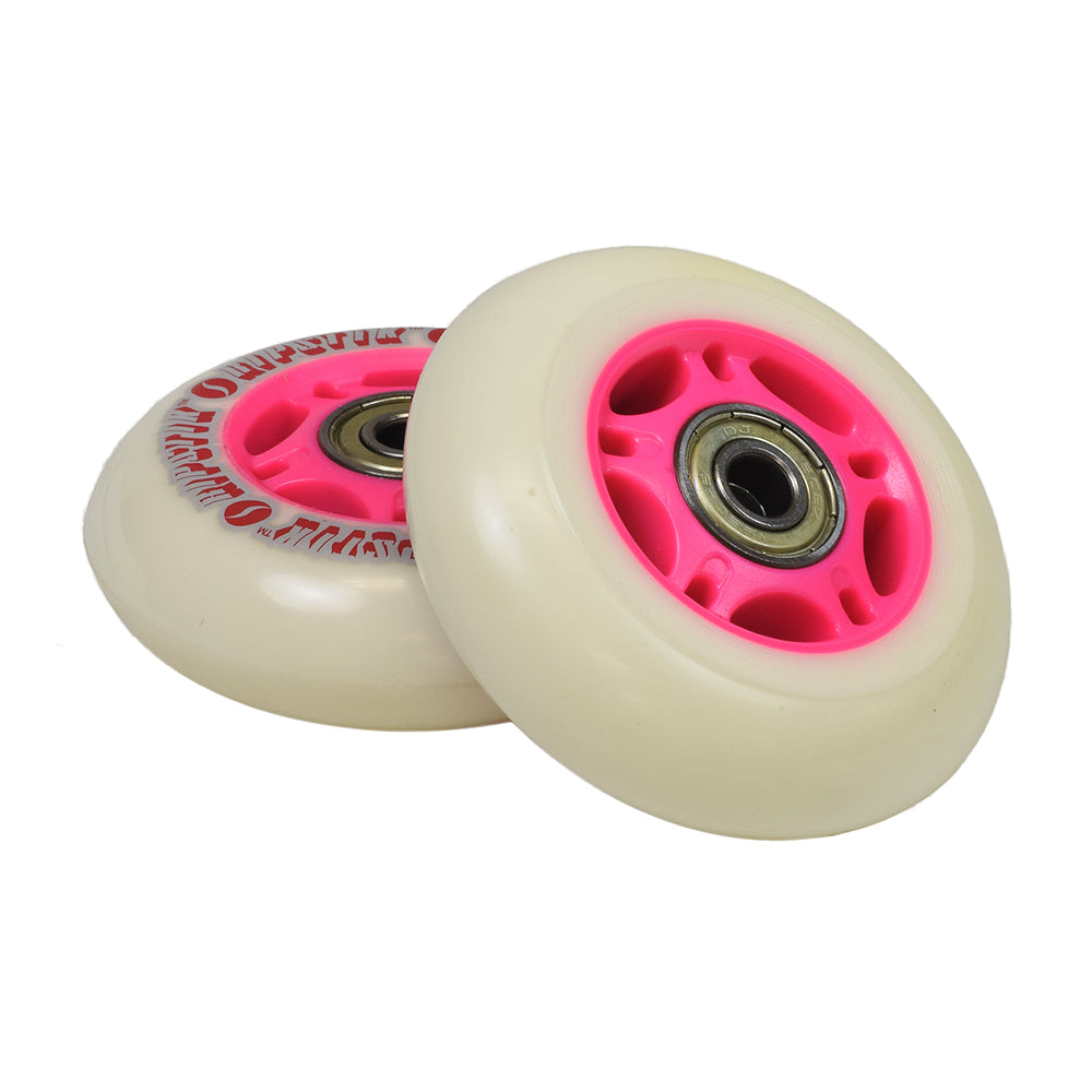 76 mm x 24 mm caster wheels for the Razor Crazy Cart (V1-6) & Crazy Cart XL (V1-2) (Set of 2) showing a pair of white and pink wheels with visible bearings.