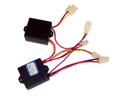 Control Module for Razor E100/E125 (Versions 2-4) with visible red and yellow wires connected to a black electronic device.