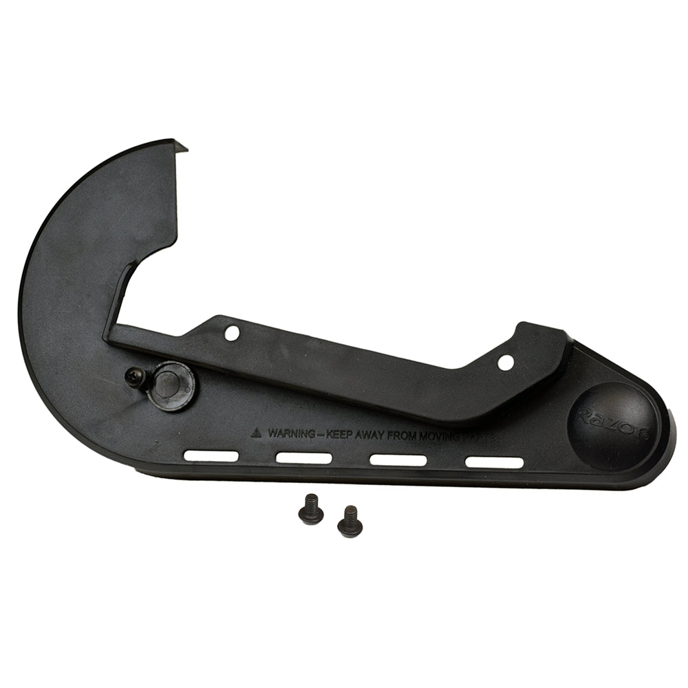 Chain Guard with Bolts for the Razor E200 (Version 5-35), showcasing a close-up of the black plastic guard with included screws.