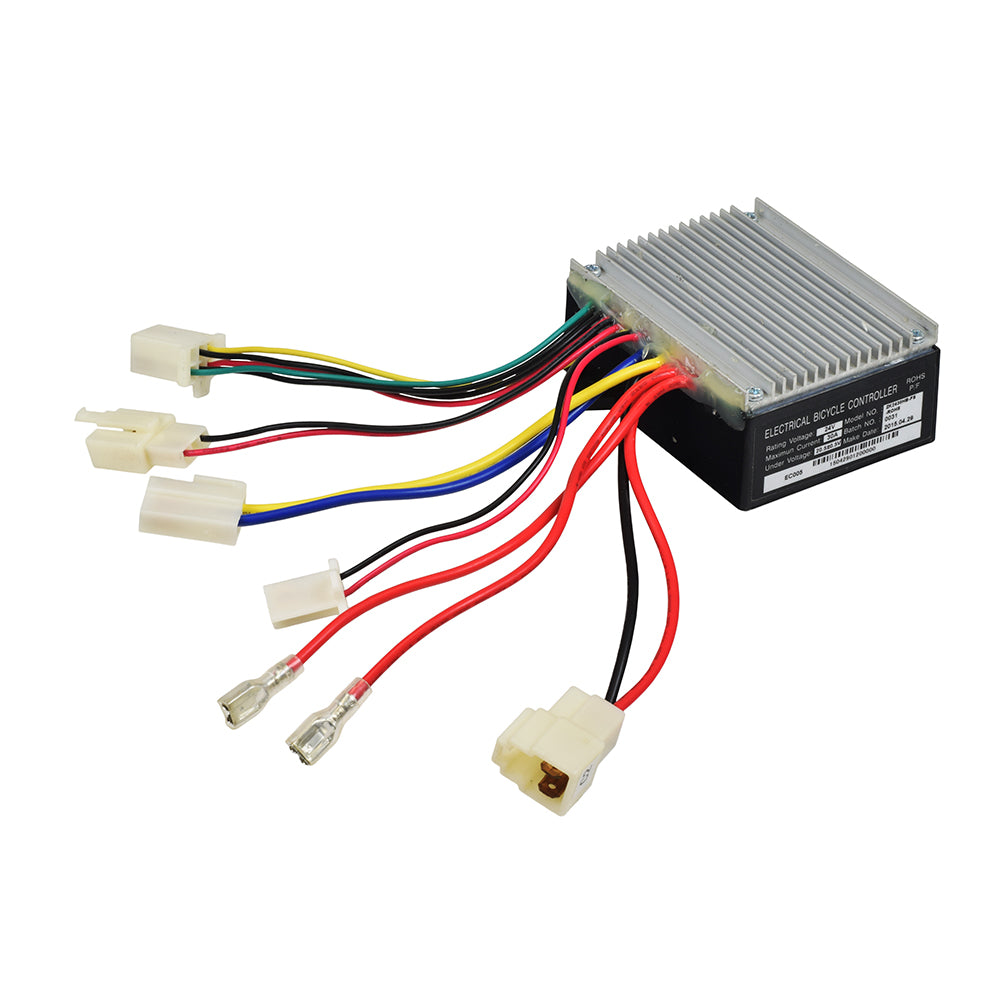 Razor E200 (Versions 13-23) ZK2430HB-FS Control Module with 5-Wire Throttle Connector, featuring a close-up view of the black electronic device with colorful wires and plug.