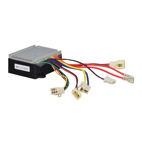 Razor E300 (Versions 11 & 13-19) ZK2430HB-FS Control Module with 5-Wire Throttle Connector, showcasing colorful wires and connectors, and a close-up view of the power supply and electrical components.