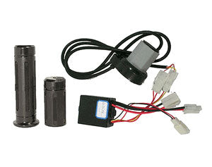 Throttle and Control Module Kit for Razor E100/E125, Versions 1-9, shown close-up with black handlebar grip set, throttle, and control module, essential for converting discontinued original modules.