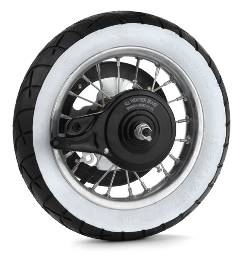 Rear Wheel Assembly with White Wall Tire for the Razor Pocket Mod Daisy, featuring a 12-1/2 x 2-1/4 black tire mounted on a wheel, including brake assembly, sprocket, nut, bolt, and washer.