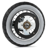 Rear Wheel Assembly with White Wall Tire for the Razor Pocket Mod Daisy, featuring a black rim, tire, and integrated brake assembly, sprocket, nut, bolt, and washer.