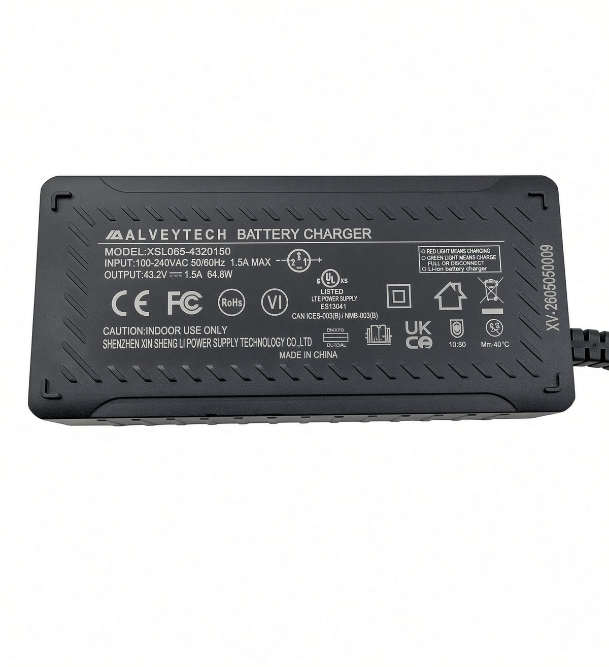 Razor Rambler 16 battery charger label, model XSL065-4320150, input 100-240VAC, output 43.2V 1.5A 64.8W