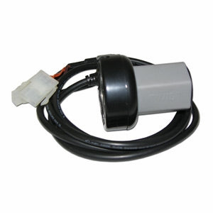 Razor Single Speed 4-Wire Twist Grip Throttle with 50 Wires, featuring a close-up of the black and grey cable with a round black cap and white plastic object with an orange handle.