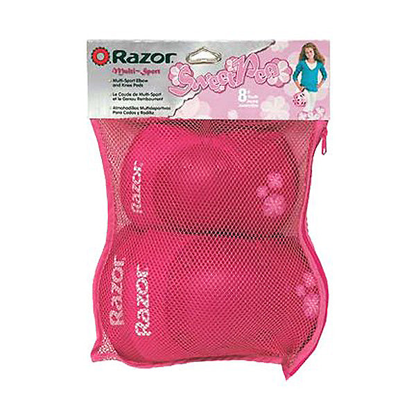 Sweet Pea Elbow & Knee Pad Set in a pink mesh bag, containing three protective pads designed for youth girls, ideal for Razor scooters.