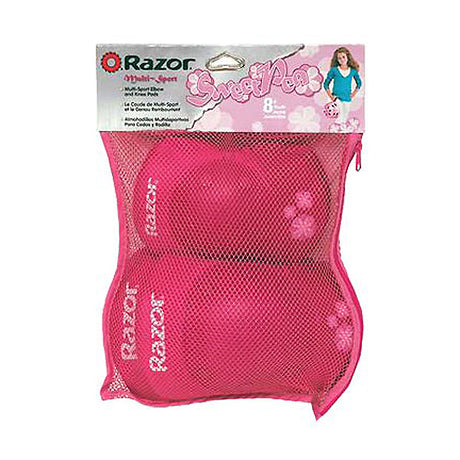 Sweet Pea Elbow & Knee Pad Set in a pink mesh bag, containing three protective pads designed for youth girls, ideal for Razor scooters.