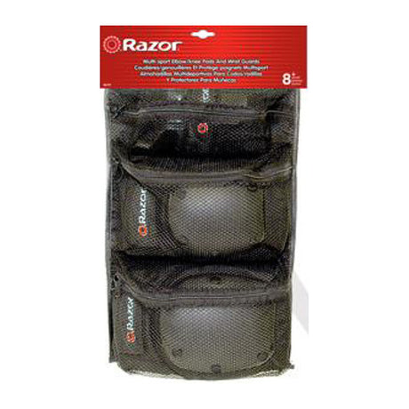 Wrist Guard, Elbow & Knee Pad Set featuring two black wrist guards, two elbow pads, and two knee pads, all with hard ABS plastic shields for youth aged 8-14.