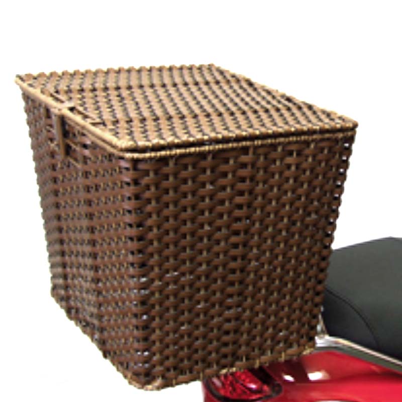 Rear Accessory Scooter Basket with Liner: A wicker basket mounted on the back of a motorcycle, featuring a removable water-resistant inner liner for enhanced storage and protection.