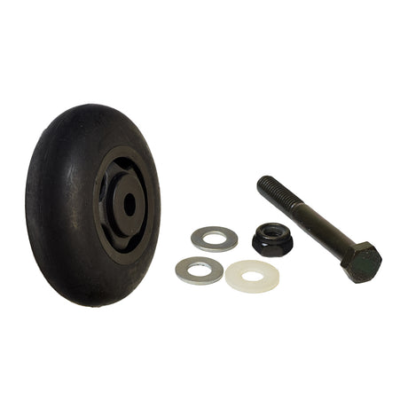 Rear Anti-Tip Wheel Assembly for Pride Victory 3, 4, and XL mobility scooters, featuring a black plastic wheel, axle bolt, two washers, and nut, presented close-up.