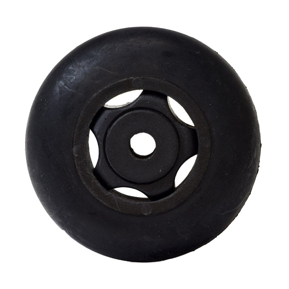 Rear Anti-Tip Wheel Assembly for Pride Victory 3 (SC160/SC1600), Victory 4 (SC170/SC1700), and Victory XL (SC270) featuring a black plastic wheel with a central hole, axle bolt, washers, and nut.