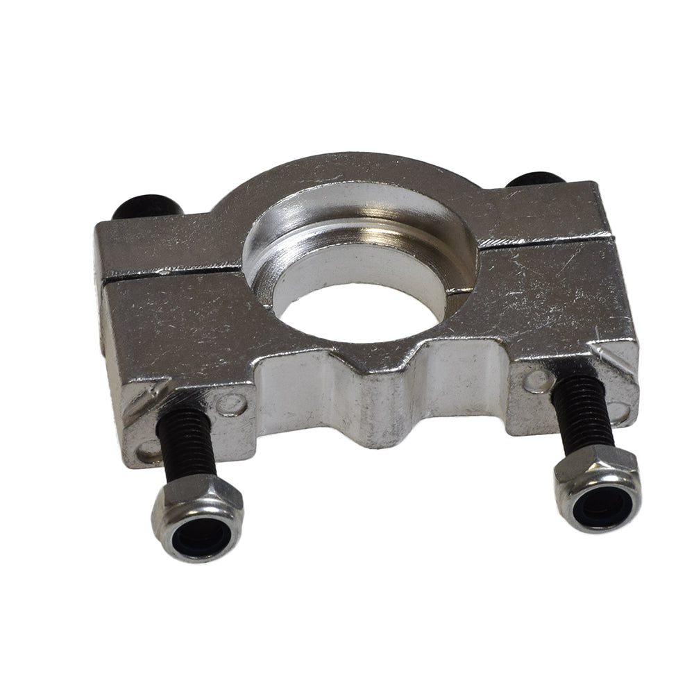 Rear Axle Clamp for the Razor Dune Buggy, showing a close-up of a metal object with screws and a hole, highlighting its durable construction and precise fit for securing the rear axle.