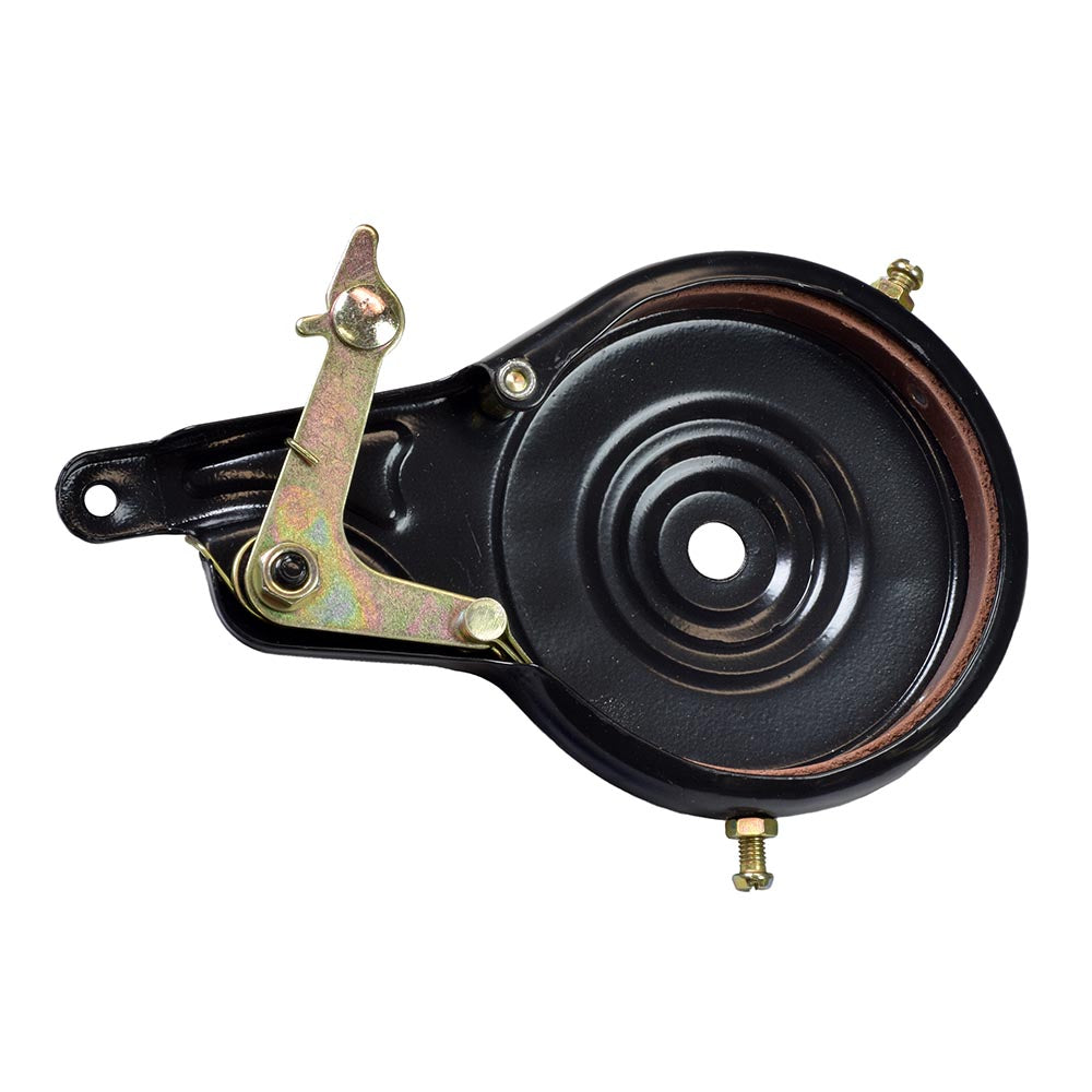 Electric Scooter Parts: Rear Band Brake Assembly with Rotor & Spring - 80mm, featuring a black metal body, a visible screw, and an 80mm inner diameter, designed for recreational electric scooters.