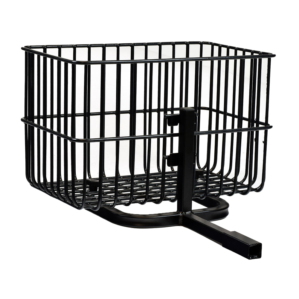 Large Square Rear Basket with Mounting Bracket for the ActiveCare Osprey and Prowler Scooters, featuring a sturdy black metal design. Ideal for enhancing the storage capacity and functionality of your scooter.