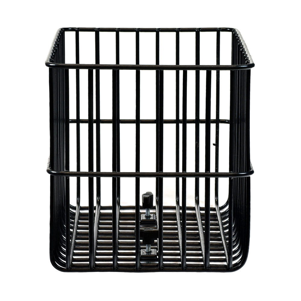 Large Square Rear Basket with Mounting Bracket for the ActiveCare Osprey and Prowler Scooters, featuring a black wire design and a sturdy metal handle, ideal for enhancing scooter storage.