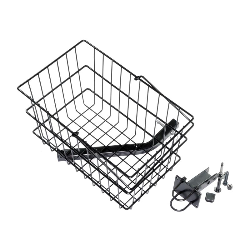 Rear Basket Assembly with Mounting Bracket for Jazzy Power Chairs with the Comfort Seat, featuring a black wire basket with a handle, accompanied by mounting screws and bracket.