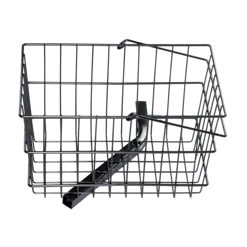 Black metal Rear Basket Assembly with Mounting Bracket for Jazzy Power Chairs with the Comfort Seat, featuring a sturdy black handle and mounting hardware for secure attachment.