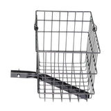 Rear Basket Assembly with Mounting Bracket for Jazzy Power Chairs with Comfort Seat, featuring a black metal grid design and handle, shown in close-up, highlighting the basket's structure and mounting components.