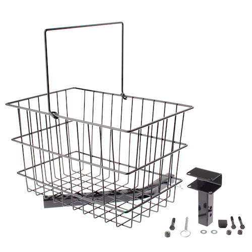 Rear Basket Assembly for Limited Recline Jazzy Power Chairs: A wire basket with a handle and screws, including a mounting bracket. Suitable for power chairs with limited recline seating.