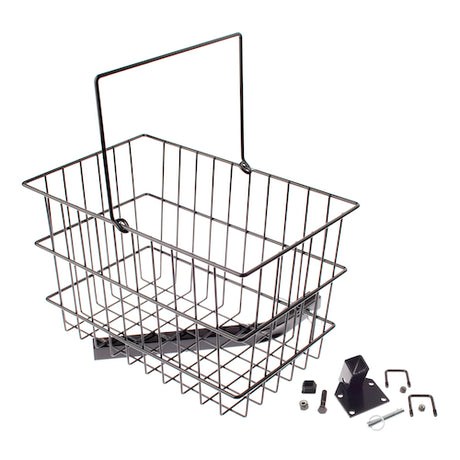 Rear Basket Assembly for Pinchless Hinge Jazzy Power Chairs, featuring a wire basket with a handle and a mounting bracket with screws and nuts.