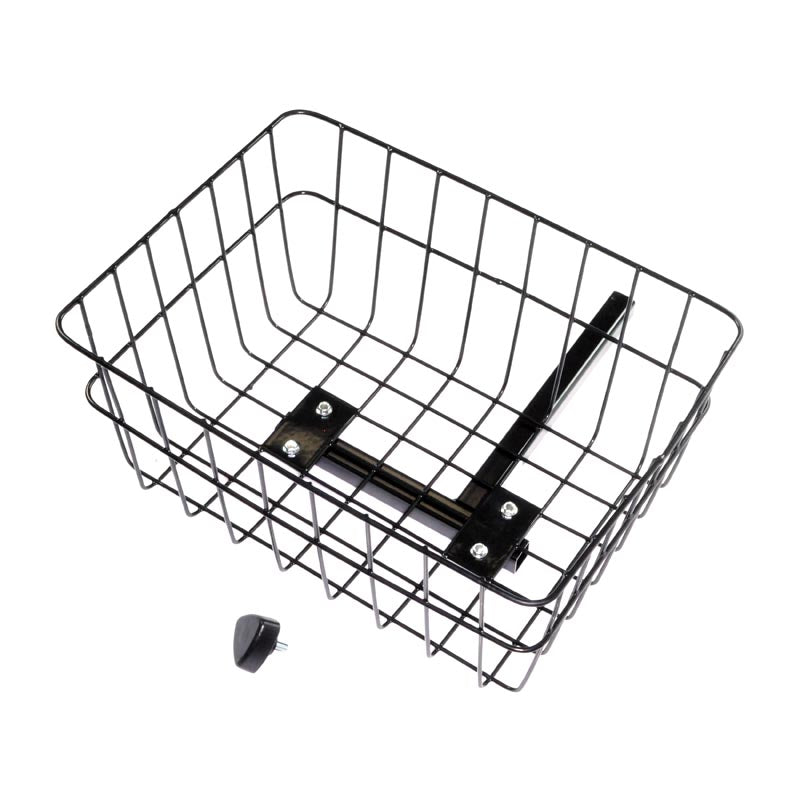 Rear Basket with Bracket Knob for Invacare Leo and Lynx L-3X Scooters, featuring a black wire basket with handle, designed for convenient storage and easy attachment to the mobility scooter.