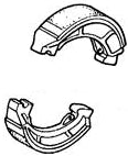 Rear Brake Shoe Kit for Honda Elite 250 (1987-1990 Models) and Helix CN250 (1986-2001 Models) (OEM), depicted as a black and white line drawing of curved metal parts.