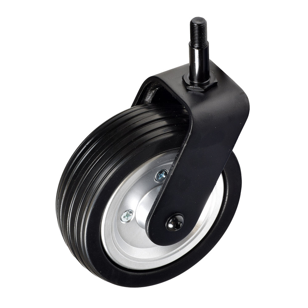 Rear Caster Wheel Assembly with Fork for the Jazzy Select Elite, Sport Portable, & Pride TSS 300, showing a black and silver wheel attached to a fork, with visible metal rod and bolt.